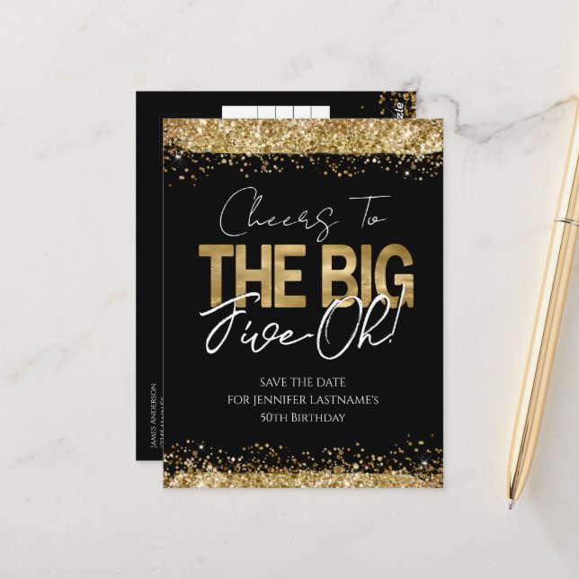 50th Birthday Gold Black Save the Date Postcard (Front/Back In Situ)