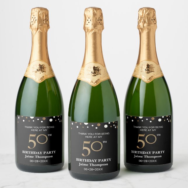 50th birthday gold black theme confetti thank you sparkling wine label (Bottles)