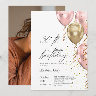 50th Birthday Gold Blush Pink Balloons Modern Invitation