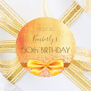 50th birthday gold bow classic round sticker