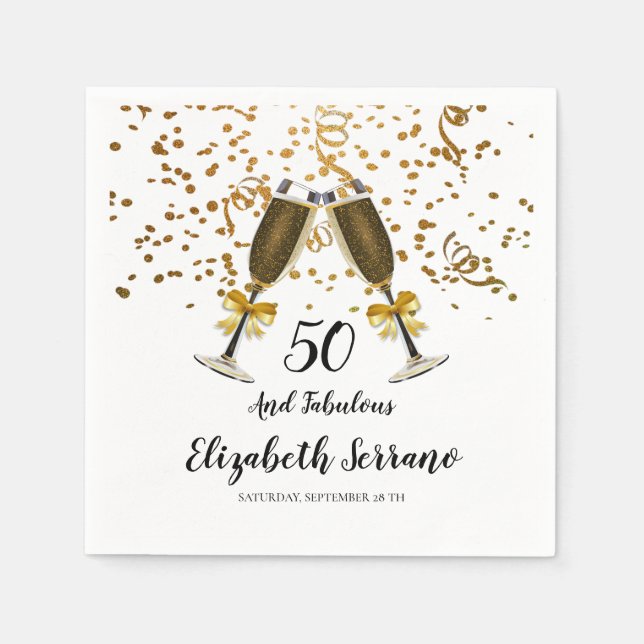 50th Birthday Gold Confetti Champagne Glasses Napkin (Front)
