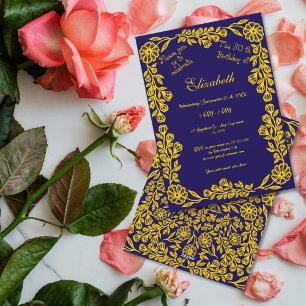 50th Birthday Gold Dark Blue Botanical Floral Invitation