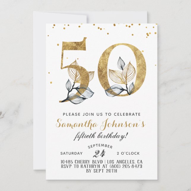 50th Birthday Gold Floral Invitation (Front)