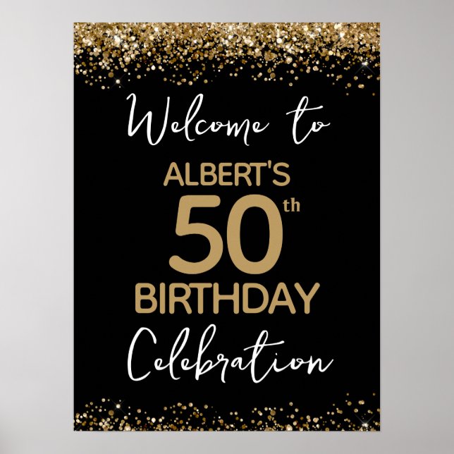 50th Birthday Gold Glitter and Black Welcome Poster (Front)