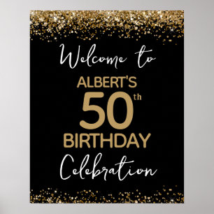 50th Birthday Gold Glitter and Black Welcome Poster