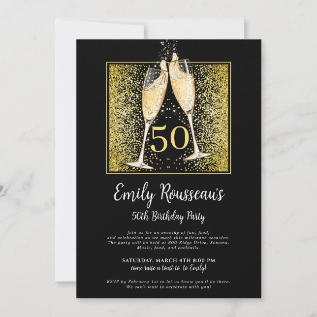 50th Birthday Gold Glitter Champagne Black  Invitation (Front)