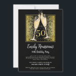 50th Birthday Gold Glitter Champagne Black  Invitation<br><div class="desc">A modern glitzy and glam dazzling sparkly 50th milestone birthday party invitation featuring  champagne glasses raising a toast,  and gold glitter confetti on a black background with stylish modern script type. An eye catching and bold glittery style.</div>