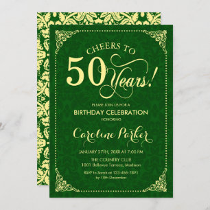 50th Birthday - Gold Green Damask Invitation