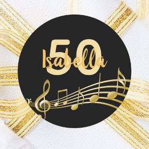 50th birthday gold music notes on elegant black classic round sticker