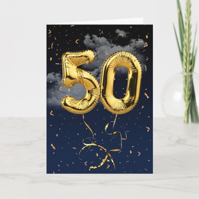 50th Birthday Gold Mylar Balloon and Confetti Card (Front)