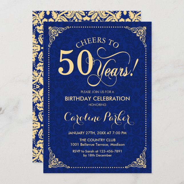 50th Birthday - Gold Navy Damask Invitation (Front/Back)