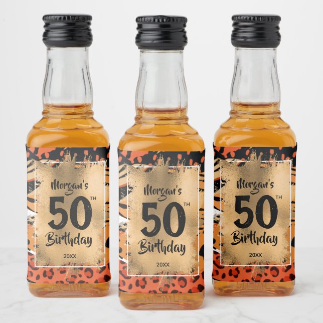 50th Birthday Gold on Brown Animal Print Mini Liquor Bottle Label (Bottles)