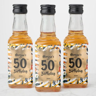 50th Birthday Gold on Colourful Animal Print Mini Liquor Bottle Label
