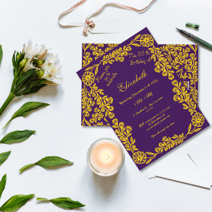 50th Birthday Gold Purple Botanical Floral Invitation