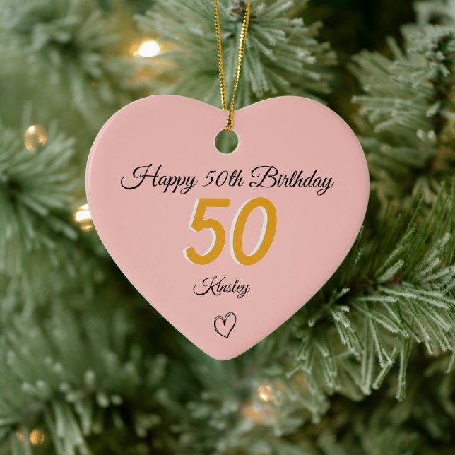 50th Birthday Gold Shadow Monogram heart Ceramic Tree Decoration (Tree)