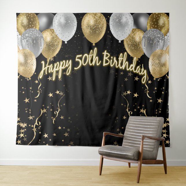 50th Birthday Gold Silver Black Balloons Tapestry (In Situ (Horizontal))