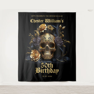 50TH BIRTHDAY GOLD SKULL ROSE HALLOWEEN PARTY SIGN TAPESTRY