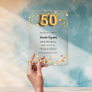 50th birthday gold stars clear acrylic invitations