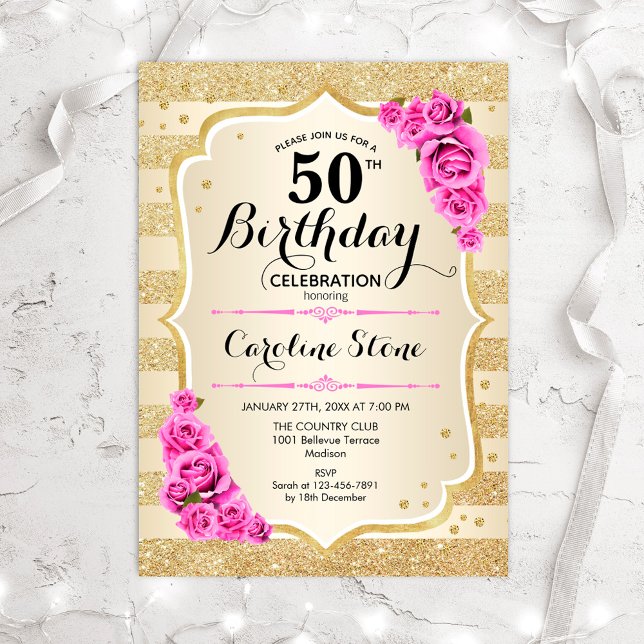 50th Birthday - Gold Stripes Pink Roses Invitation (Creator Uploaded)