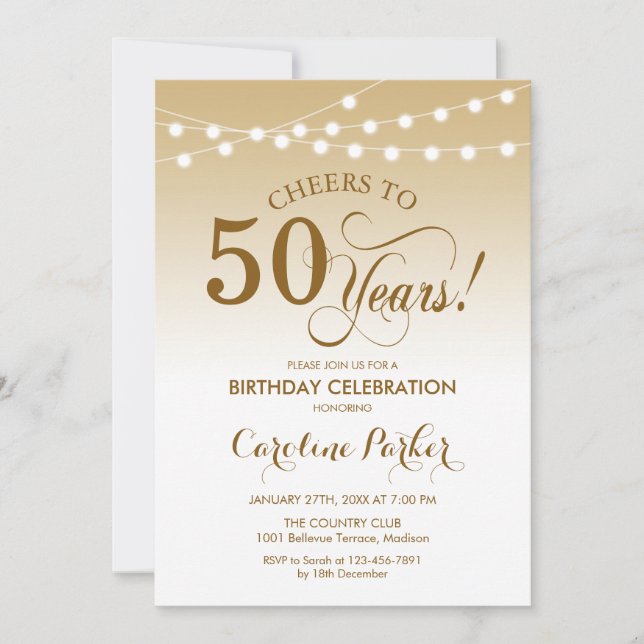 50th Birthday - Gold White Invitation (Front)