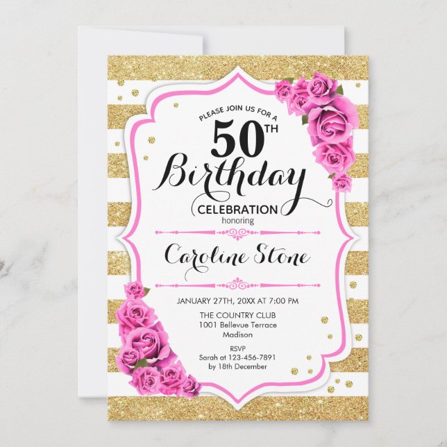 50th Birthday - Gold White Stripes Pink Roses Invitation (Front)