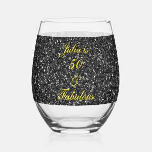 50th Birthday Gold Yellow Black Glitter Gift Favor Stemless Wine Glass