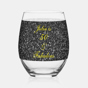 50th Birthday Gold Yellow Black Glitter Gift Favou Stemless Wine Glass