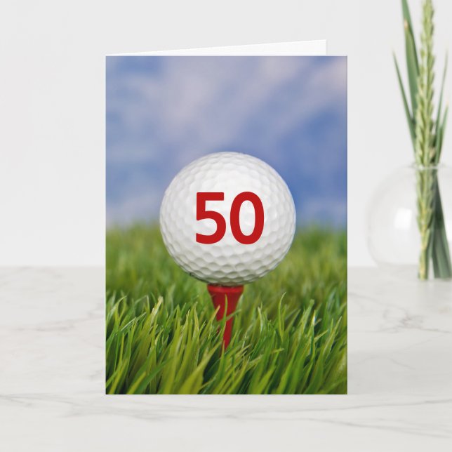 50th Birthday Golf Ball on Red Tee  Card (Front)