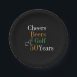 50th Birthday Golf Cheers Beers Black Gold Party Paper Plate<br><div class="desc">This is a cool and modern, 50th birthday, golf party design. It is a simple, minimal design, in classic black and gold typography with pops of orange and green. Perfect for a cool and fun, golf and beer themed, 50th birthday party. This design is fully customisable, simply use the personalise...</div>