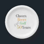 50th Birthday Golf Cheers Beers Party Paper Plate<br><div class="desc">This is a cool and modern, 50th birthday, golf party design. It is a simple, minimal design, in classic black and white with pops of orange, green and gold coloured typography. Perfect for a cool and fun, golf and beer themed, 50th birthday party. This design is fully customisable, simply use...</div>