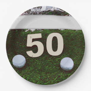 50th Birthday Golfer with golf ball on green Paper Plate