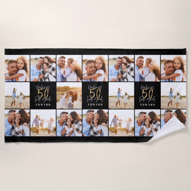 50th birthday good gold black photo collage chic beach towel (Front)