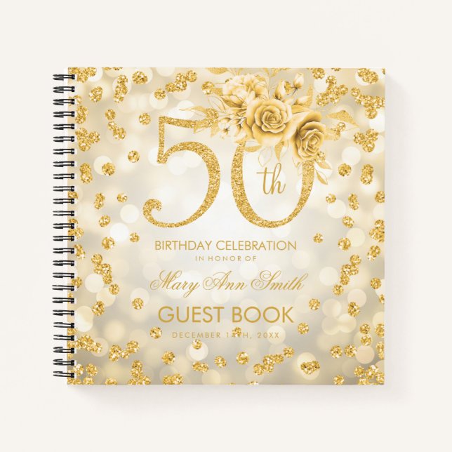 50th Birthday Guestbook Gold Glam Lights Notebook (Front)