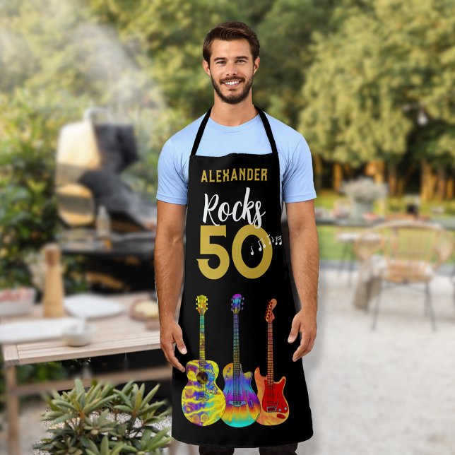 50th birthday Guitar Rocks 50 Name Apron (Rock and roll 50th birthday funky psychedelic guitars gold typography personalized apron for him)