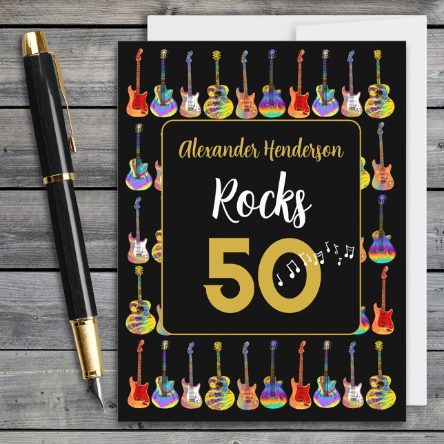 50th birthday Guitar Rocks 50 Personalised Postcard (Rock and roll 50th birthday budget postcard greetings card funky guitar pattern black and gold)