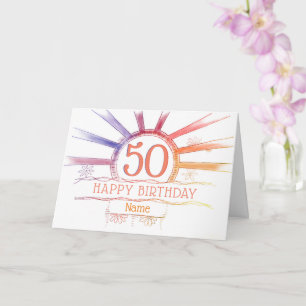 50th Birthday - hand drawn multi-coloured sunburst Card