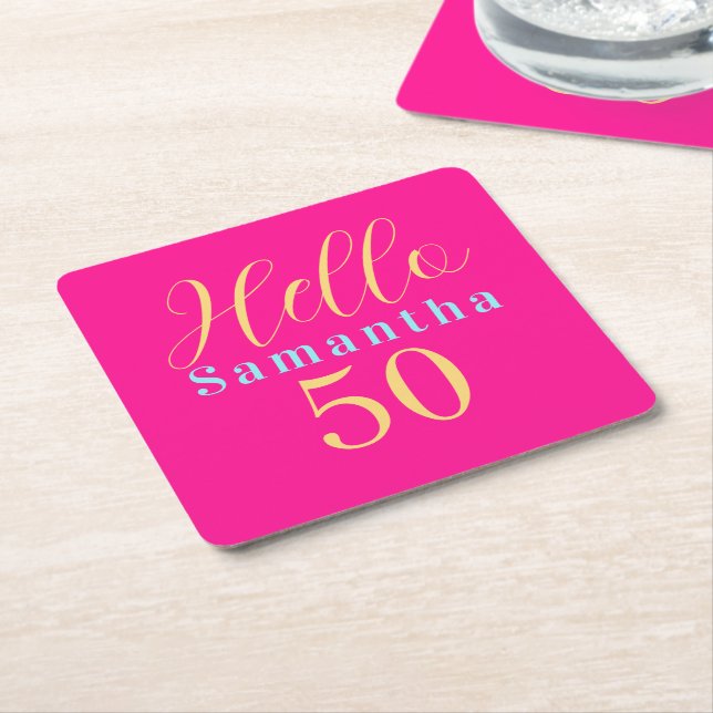 50th Birthday Hello 50 Hot Pink Party Square Paper Coaster (Angled)
