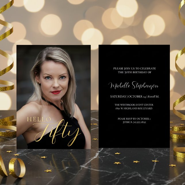  50th Birthday Hello Fifty Photo Black And Gold (Creator Uploaded)