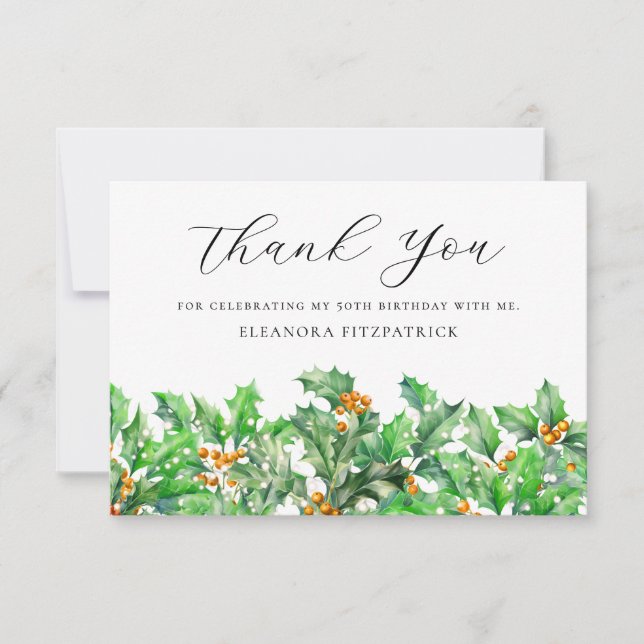 50th Birthday Holly December Birth Flower Custom Thank You Card (Front)