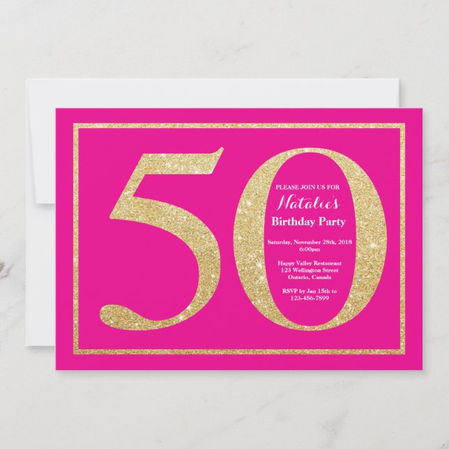 50th Birthday Hot Pink and Gold Glitter Invitation (Front)