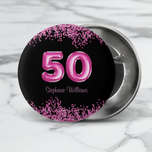 50th Birthday Hot Pink Balloon Font Faux Glitter 3 Cm Round Badge