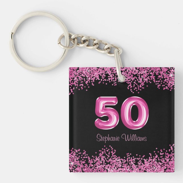 50th Birthday Hot Pink Balloon Font Faux Glitter Key Ring (Front)