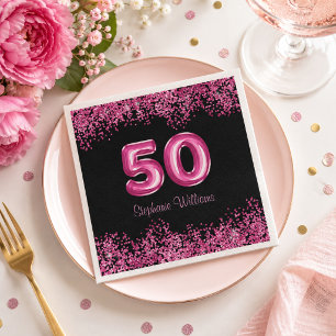 50th Birthday Hot Pink Balloons Gllitter Party Napkin
