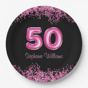 50th Birthday Hot Pink Balloons Gllitter Party Paper Plate