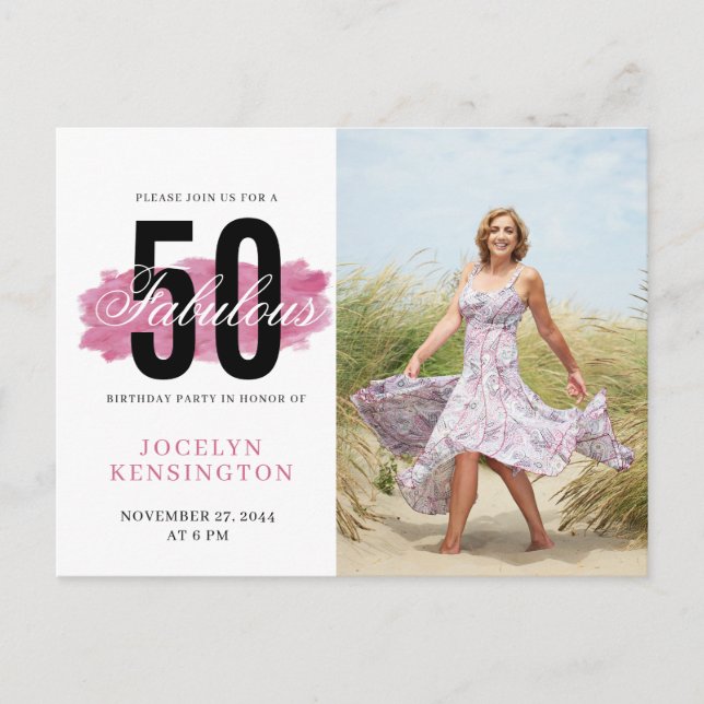 50th Birthday Hot Pink Watercolor Photo Postcard (Front)