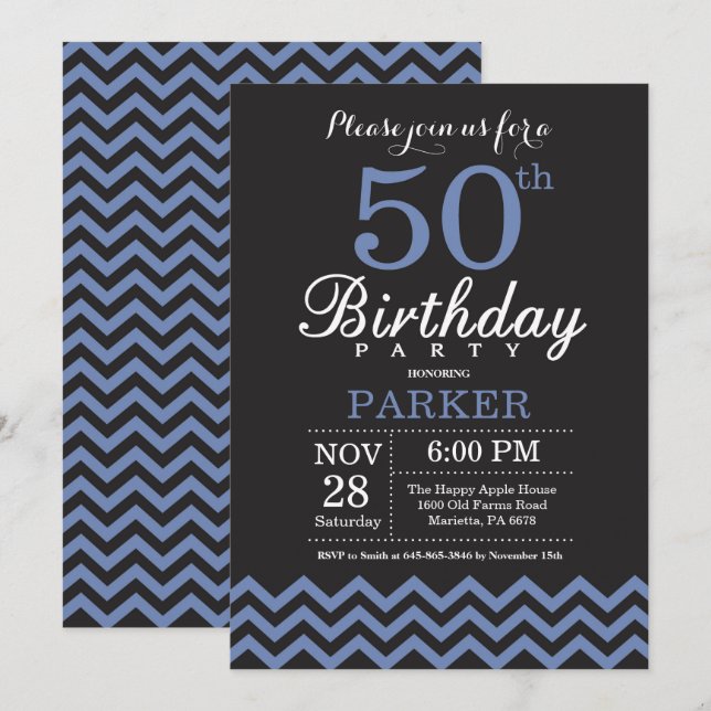 50th Birthday Invitation Black and Blue (Front/Back)