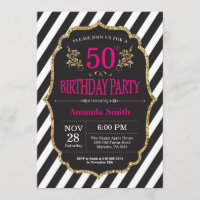 50th Birthday Invitation. Black and Gold Glitter