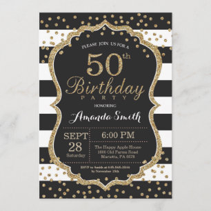 50th Birthday Invitation. Black and Gold Glitter Invitation