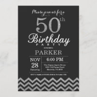 50th Birthday Invitation Black and Silver Glitter