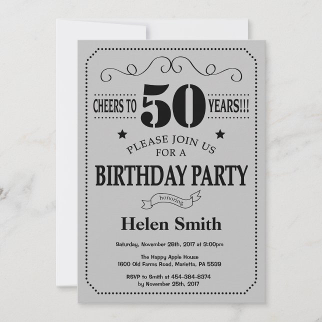 50th Birthday Invitation Black and Silver Grey (Front)